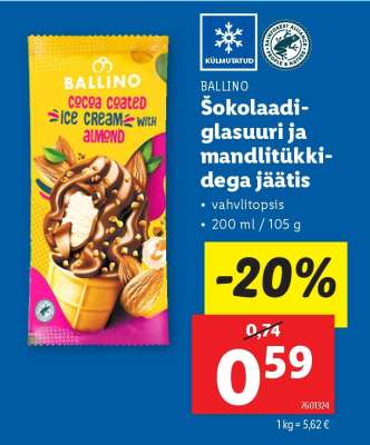 BALLINO Šokolaadiglasuuri ja mandlitükkidega jäätis