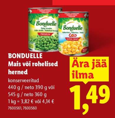 BONDUELLE Mais või rohelised herned