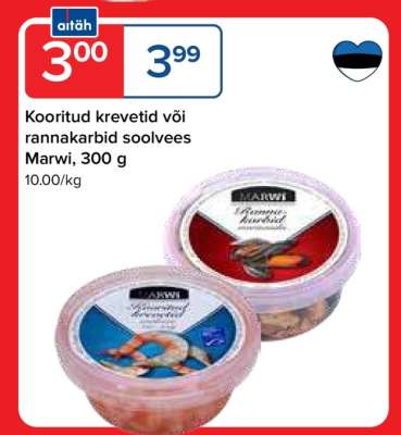 Kooritud krevetid või rannakarbid soolvees