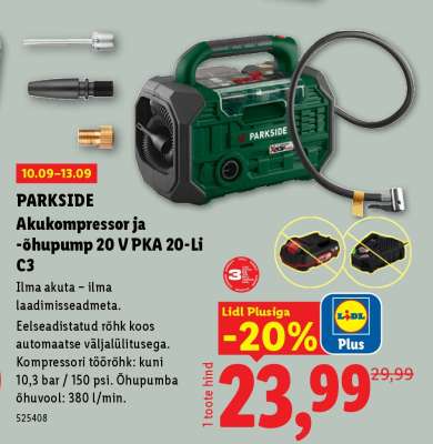 PARKSIDE Akukompressor ja -õhupump 20 V PKA 20-Li C3
